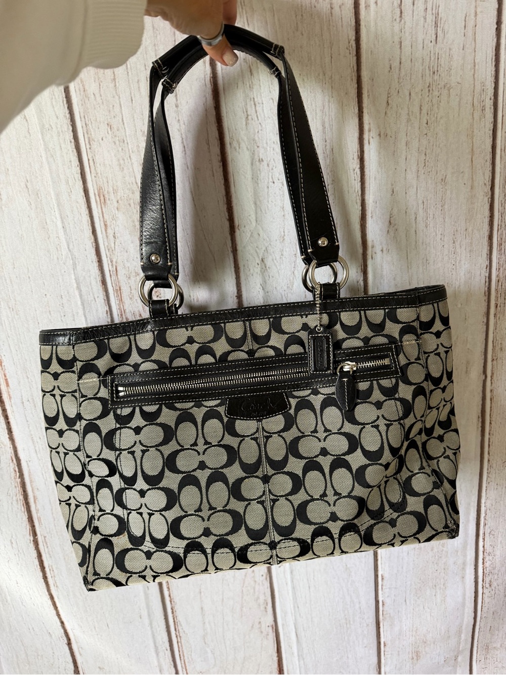 Coach Signature C Black and Beige Canvas Tote Handbag
F14694